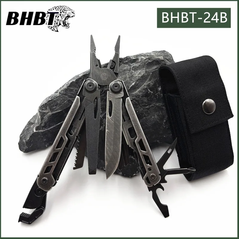 BHBT 15-in-1-Multitool-Zange, Multifunktionsschlüssel mit Damaskus-Messer, zusammenklappbar, Edc,