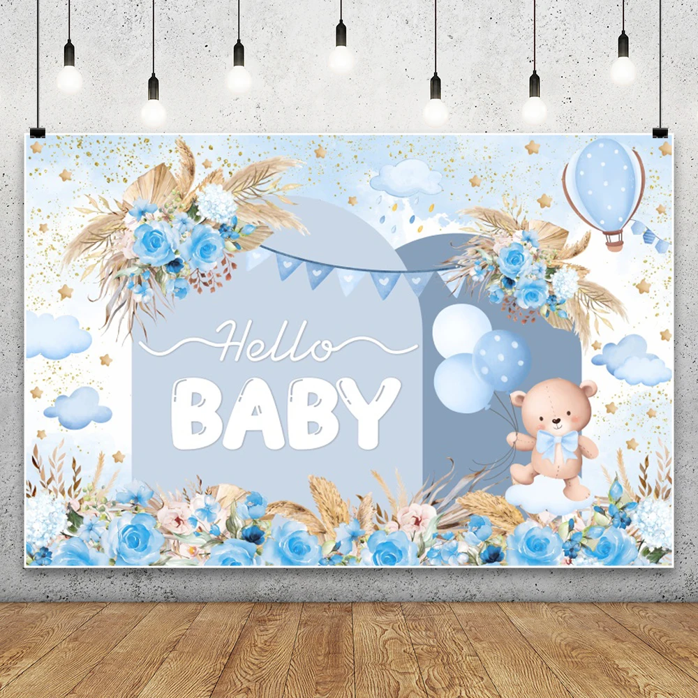 

Cartoon Bear Baby Shower Backdrop Boy Girl 1st Birthday Party Decor Hot Air Balloon Watercolor Flower Photography Background