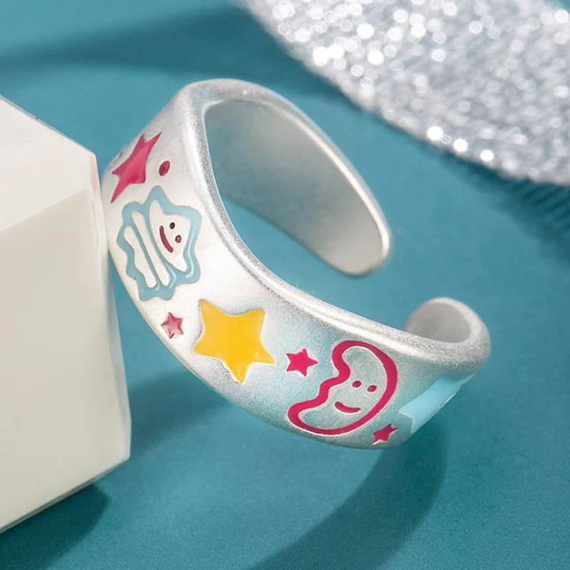 Cute Graffiti and Colorful Cartoon Ring Cool Open Size Finger Jewelry for Women Men Unisex Design Light Luxury Engagement Rings