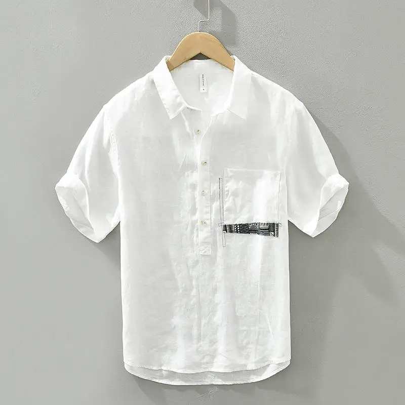 

Мужская льняная рубашка с цветовыми блоками, с коротким рукавом, дышащая, свободного кроя, с карманом, не требует глажки, летняя, тонкая, однотонная, повседневная