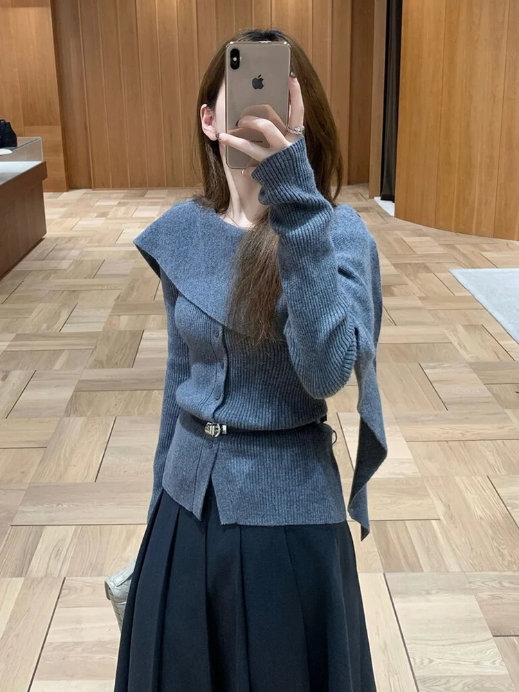 Sweater Rajut Panjang Modis Wanita Slim Fit Asimetris Nuansa Mewah Musim Gugur Trendi Atasan Model Bungkus Bahu