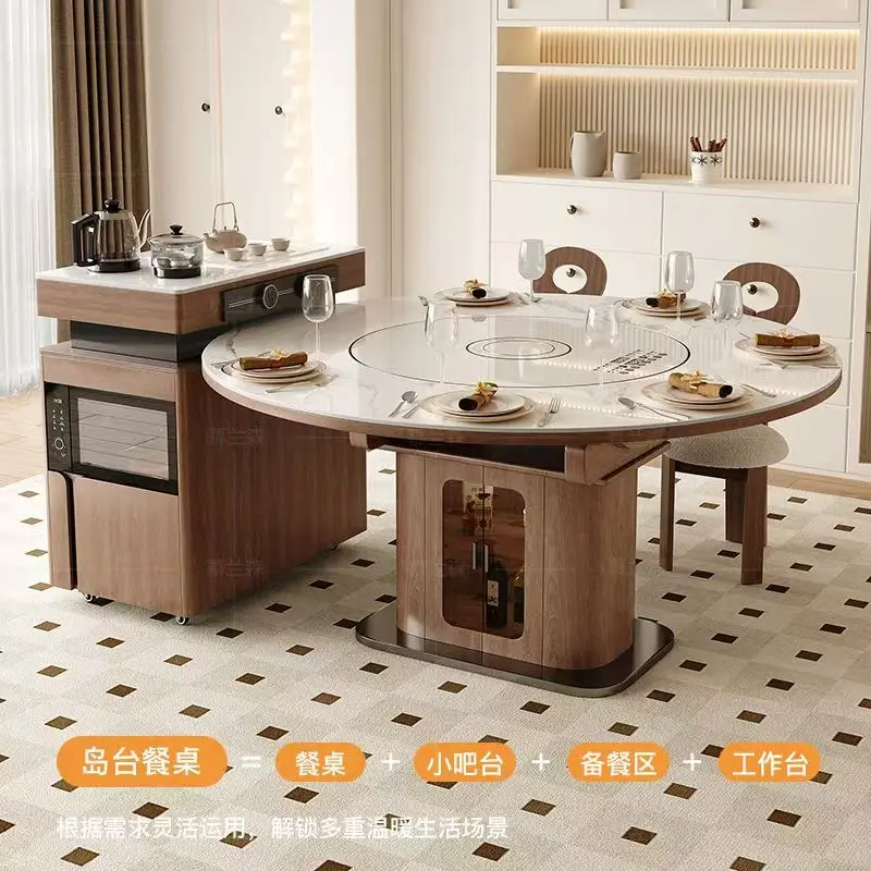 Island counter, stone slab tea table, dining table integrated with heating dish, induction cooker, turntable, telescopic round t