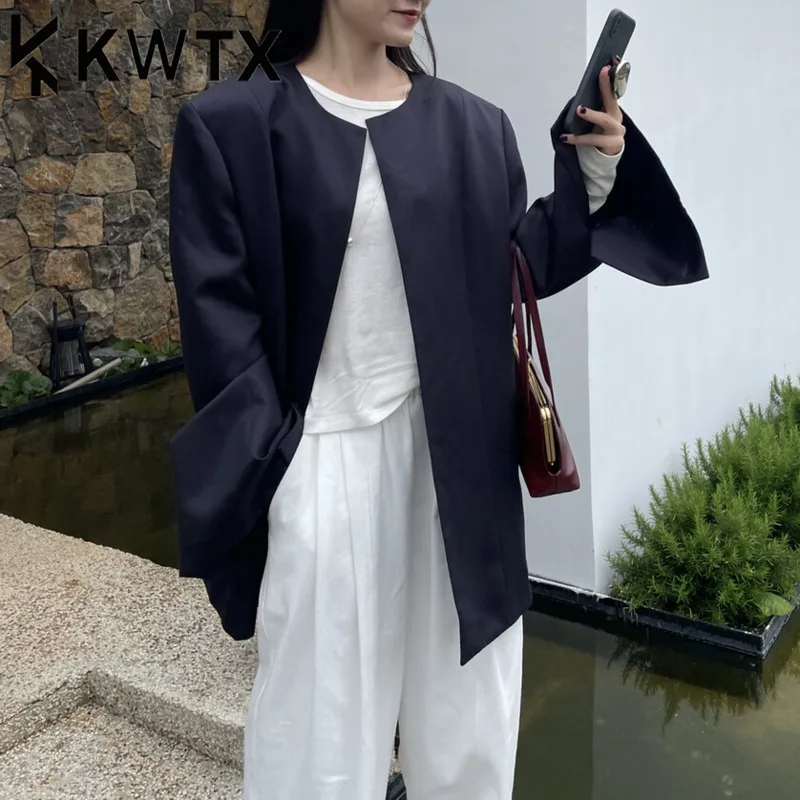 

KWTX Designer Women's Oversized Blazer Casual Elegant Simple Round Neck Solid Lightweight Comfortable High Quality Spring Summer