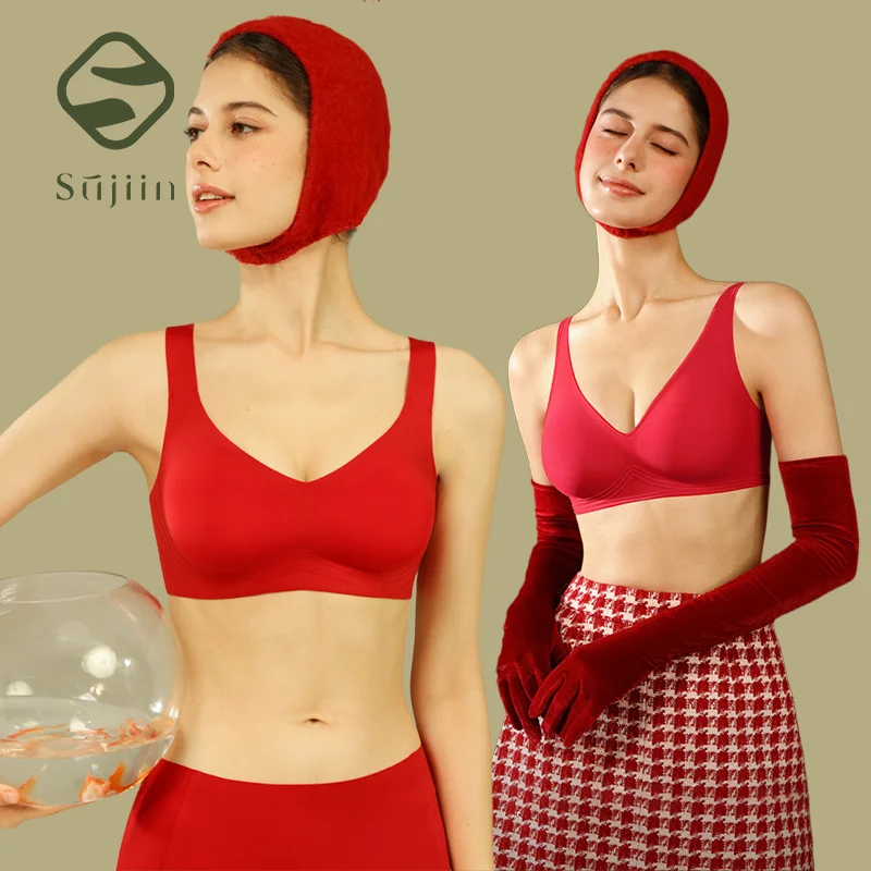 SUJIIN-sujetadores rojos inalámbricos para mujer, sujetador Sexy de realce sin costuras, Bralette fino y suave cómodo para mujer