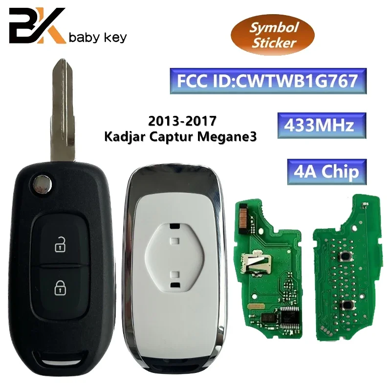 BB Key for Renault 2013-2017 Kadjar Captur Megane3 433MHz 4A Chip FCC ID:CWTWB1G767 2 Buttons VAC102 Blade Remote Key with Logo