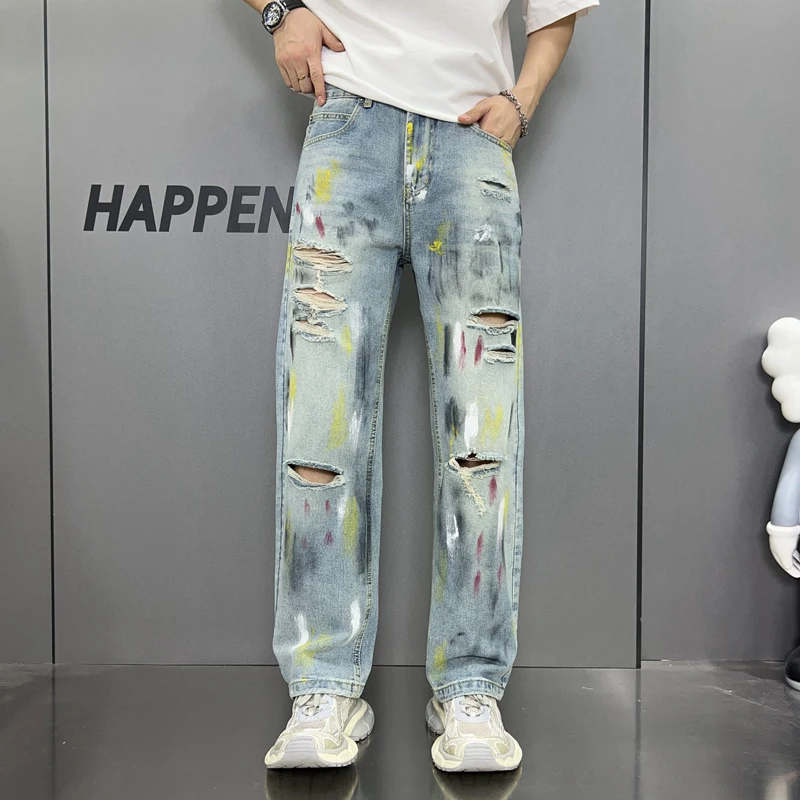 2024Street hip-hop personality graffiti spray paint color jeans men's loose straight wide leg casual retro high-end washed pants