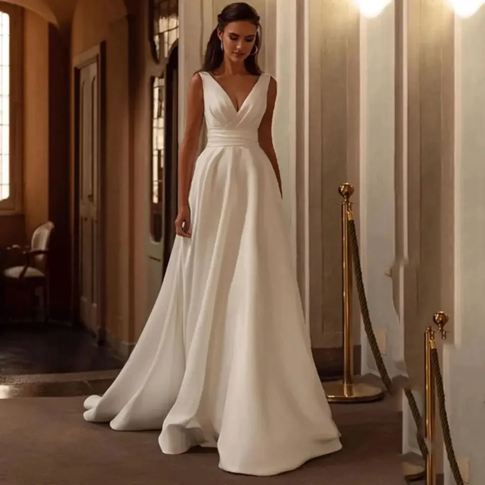 

Satin Wedding Dresses A Line V Neck Bride Dress Sleeveless Elegant Floor Length Wedding Gowns Vestido De Novia Customized