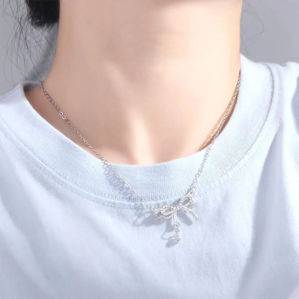 سلسلة الترقوة الفضة Bowknot قلادة الحب القلب قلادة مجوهرات اكسسوارات القوس قلادة قلادة حجر الراين المختنق #5