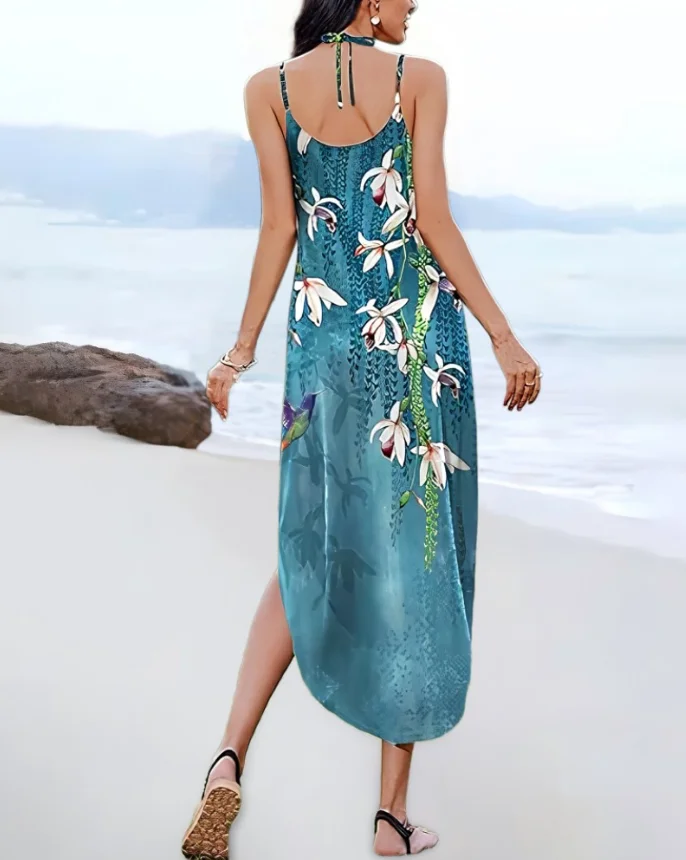 ชุดสตรี 2025 ฤดูร้อนใหม่ดอกไม้พิมพ์ V คอสายสปาเก็ตตี้ Boho Maxi ชุดลําลองกระเป๋าออกแบบ Slit วันหยุด Sundress