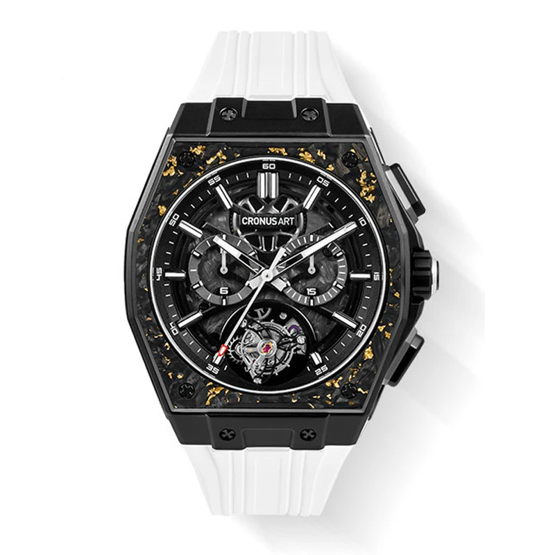 CRONUSART Men Tourbillon Watch Automatic Mechanical Wristwatch Titanium Case Luminous Sapphire 50M Waterproof Fluororubber Strap