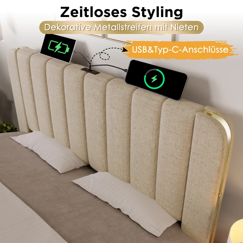 PINGGO Gepolstertes Doppelbett 180x200cm Beige Leinen-Kopfteil Goldene Dekorative Streifen USB Typ-C-Ladefunktion 4 Schubladen Ohne Matratze – Detail 5