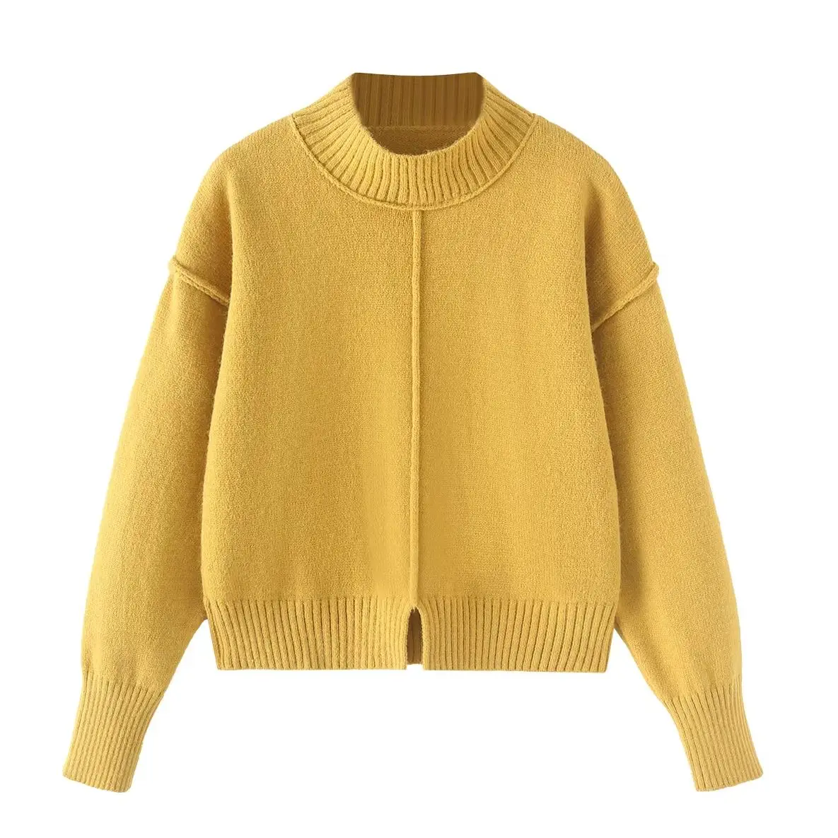 KONDALA 2024 Chic 2024 Solid Yellow O Neck Split Women Sweater Casual Loose Fashion Winter Polluvers Warm Streetwear Knitwear