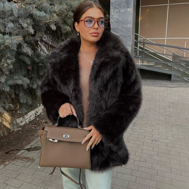 Tornova, abrigo de piel sintética de lujo de alta calidad para mujer, abrigo grueso y cálido, prendas de vestir exteriores, chaqueta de piel de zorro larga Lisa para invierno 2025