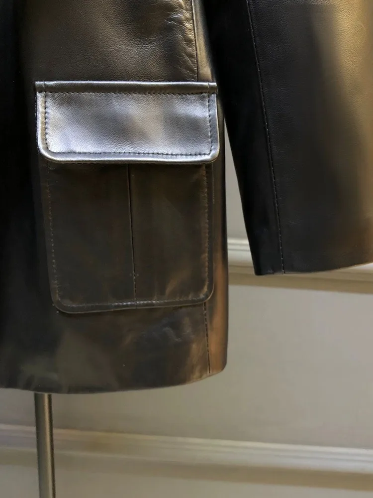 Colletto da abito da donna da ufficio Giacca in vera pelle tinta unita Slim maniche lunghe Pelle di pecora Tasca con bottoni Cintura Capispalla moda