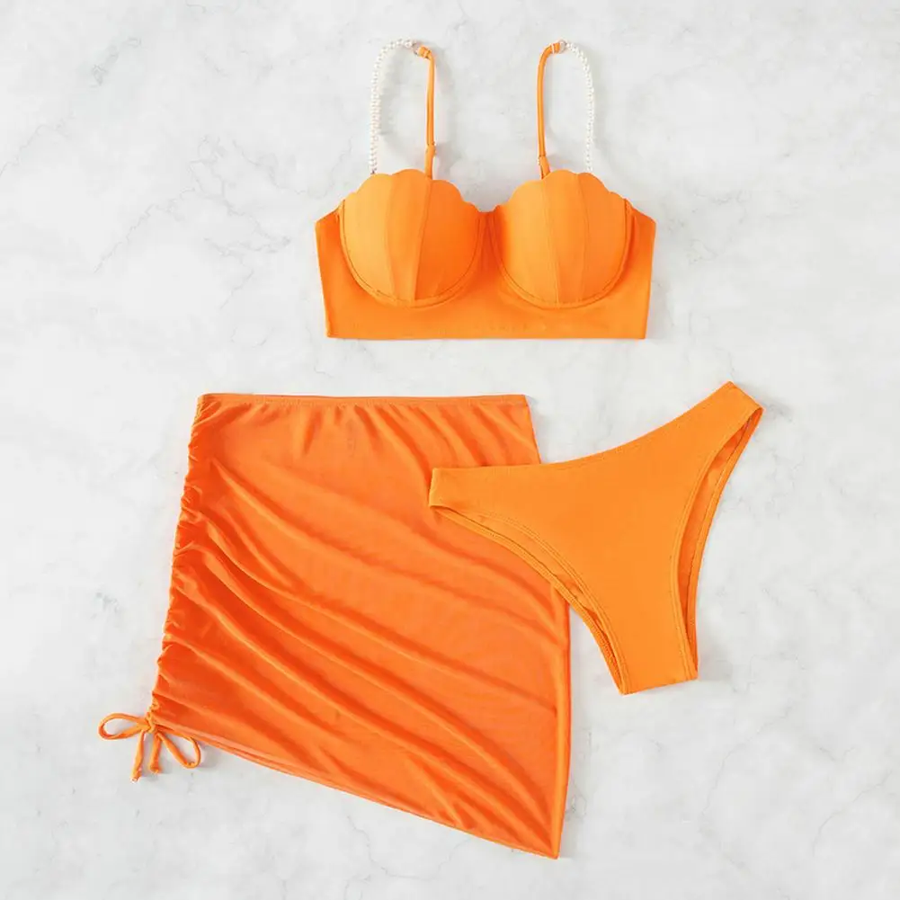 Conjunto de falda de Bikini con tirantes de perlas de imitación, ropa interior acolchada sin espalda, con cordón, sujetador de Copa con forma de concha, bragas de cintura alta, Se, 3 unidades