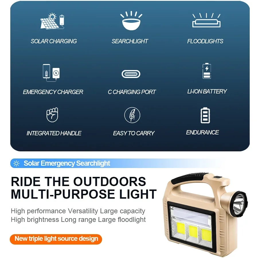 Emergency Searchlight Solar Energy Handheld Light Multifunctional Power Bank Type-C Rechargeable Outdoor Camping  Work Light