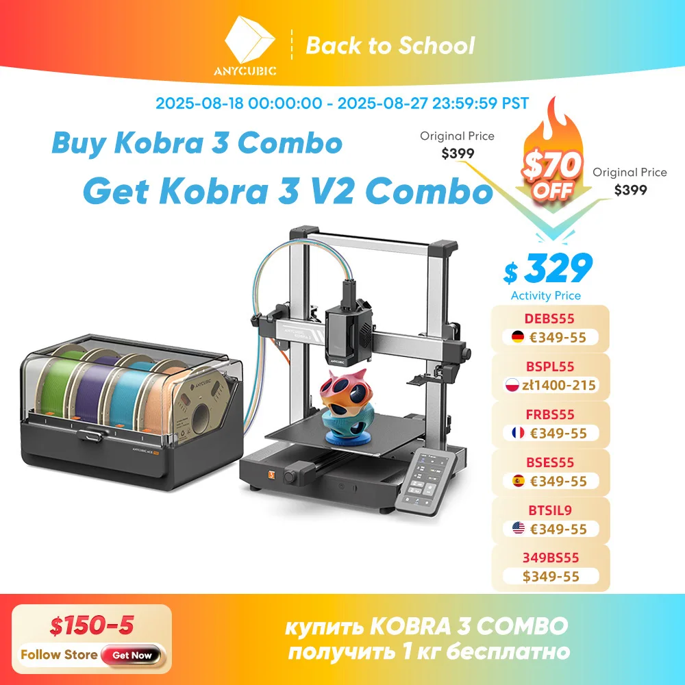 

ANYCUBIC Kobra 3 Combo AE Version FDM Print in 4 to 8 Color 3D Printer With Max 600mm/s Printing Speed Build Size 250x250x260mm