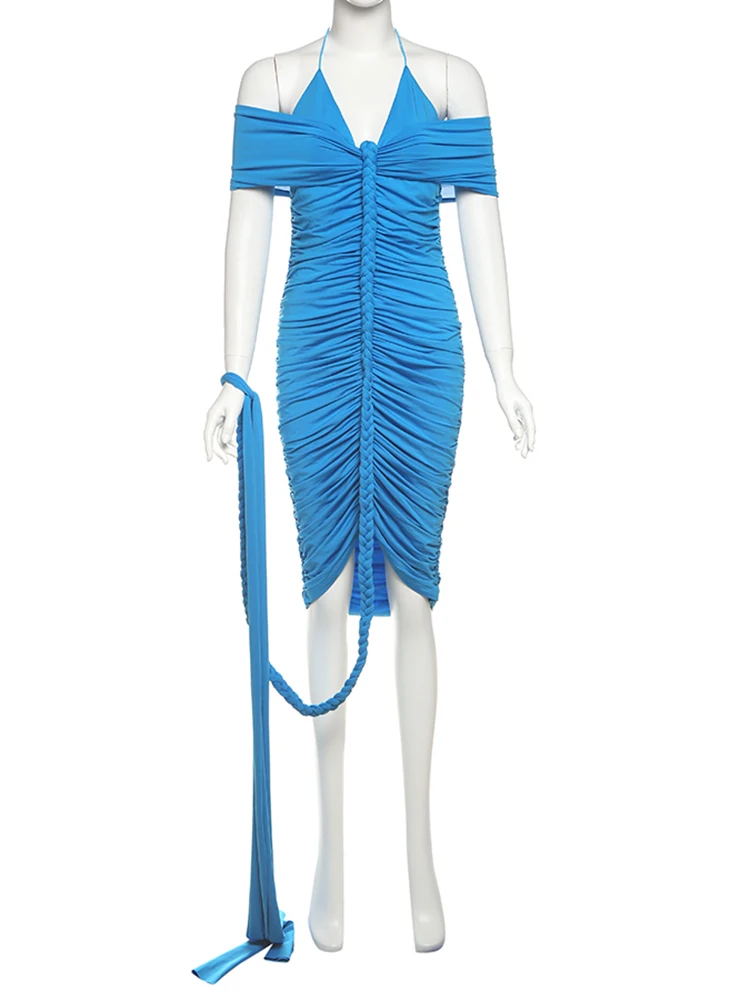 

InGrily Summer Halter Elegant Dress Women Plait Hand Strap Ruched Hipster Sexy Fashion Clubwear Simple Stretch Chic Vestidos