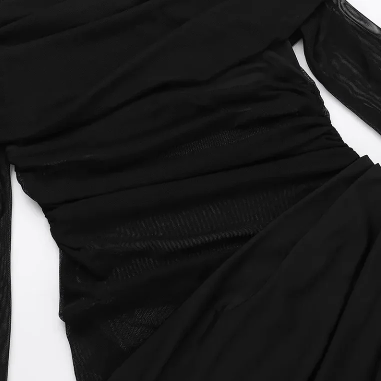 Fashion Spring Summer Dress Sexy Tight Fitting Hip Hugging Elegant Dress One-Shoulder Mesh Cut-Out Black Maxi Dress for Women