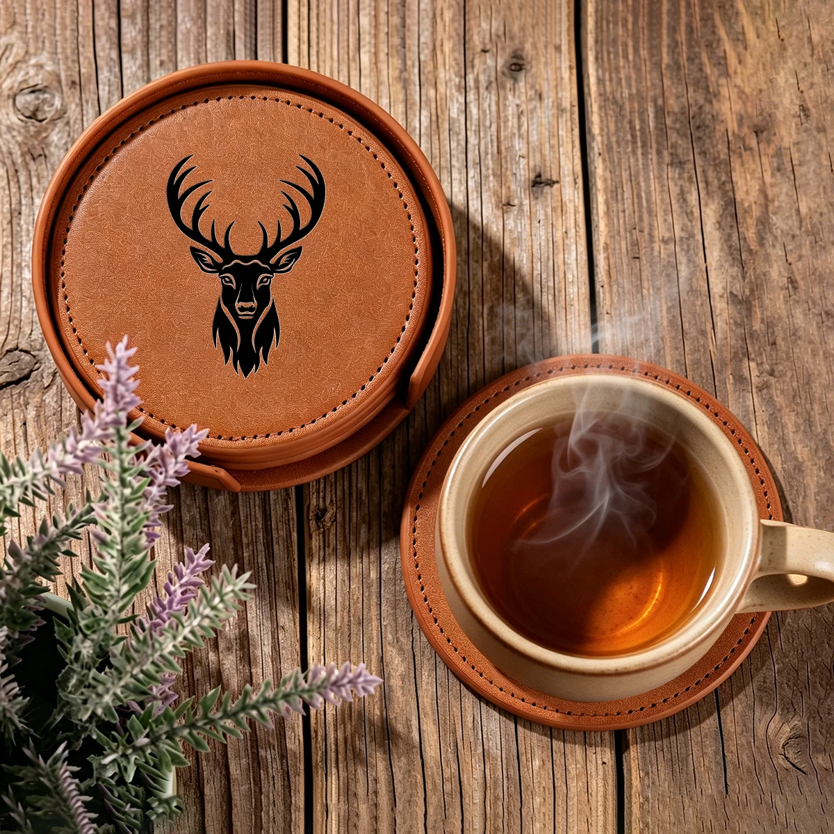 6Pcs/Set Leather Coaster with Holder Deer Pattern Coasters Cup Mat for Dining Table Drop-Resistant Vintage Gifts for Men Women