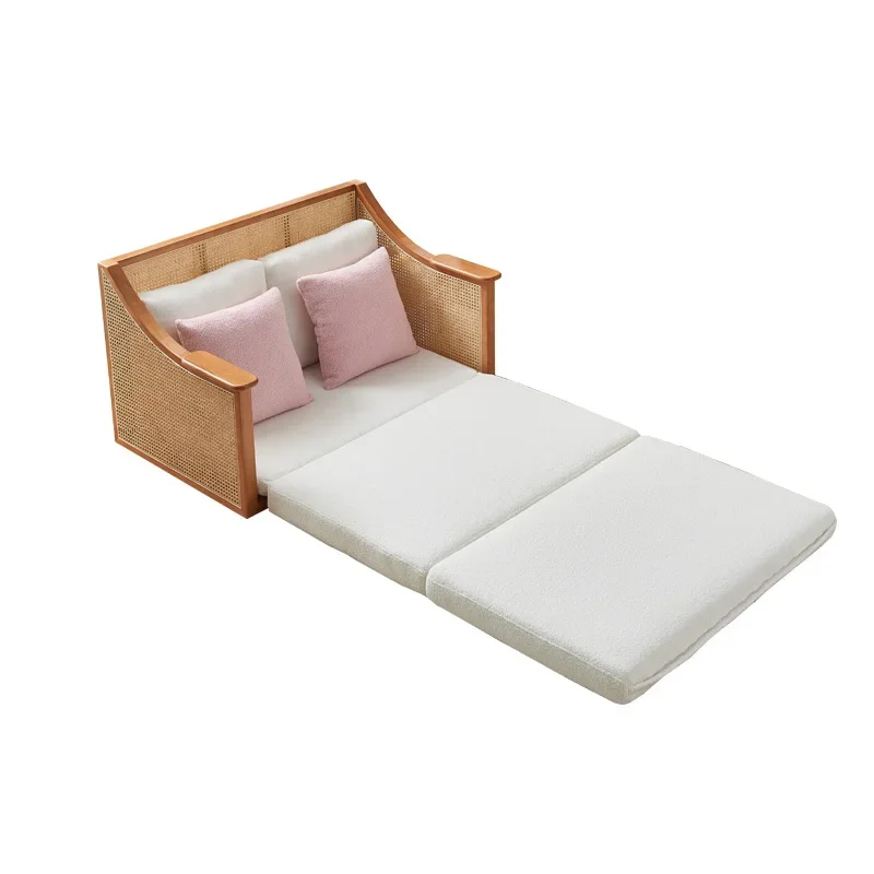 

Japanese-style solid wood sofa bed wabi-sabi family living room tatami sofa double folding dual-purpose rattan sof a
