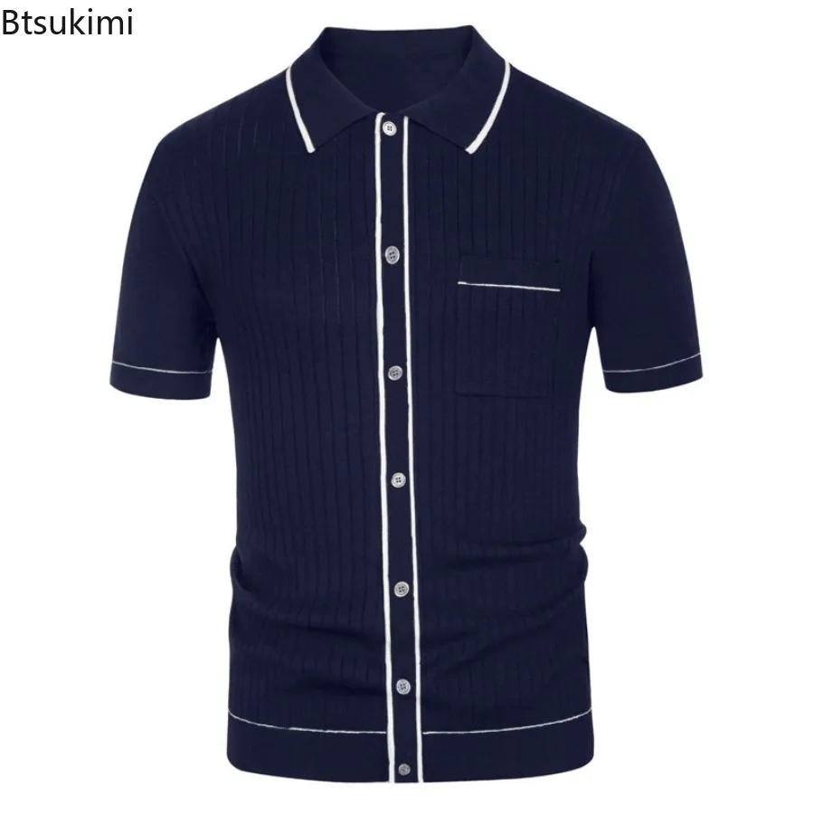 

2024 Men's Summer Knitted Short Sleeve Polo Shirts Solid Turn-down Collar Cardigan Tops Male Casual Breathable Tops Basic Shirts