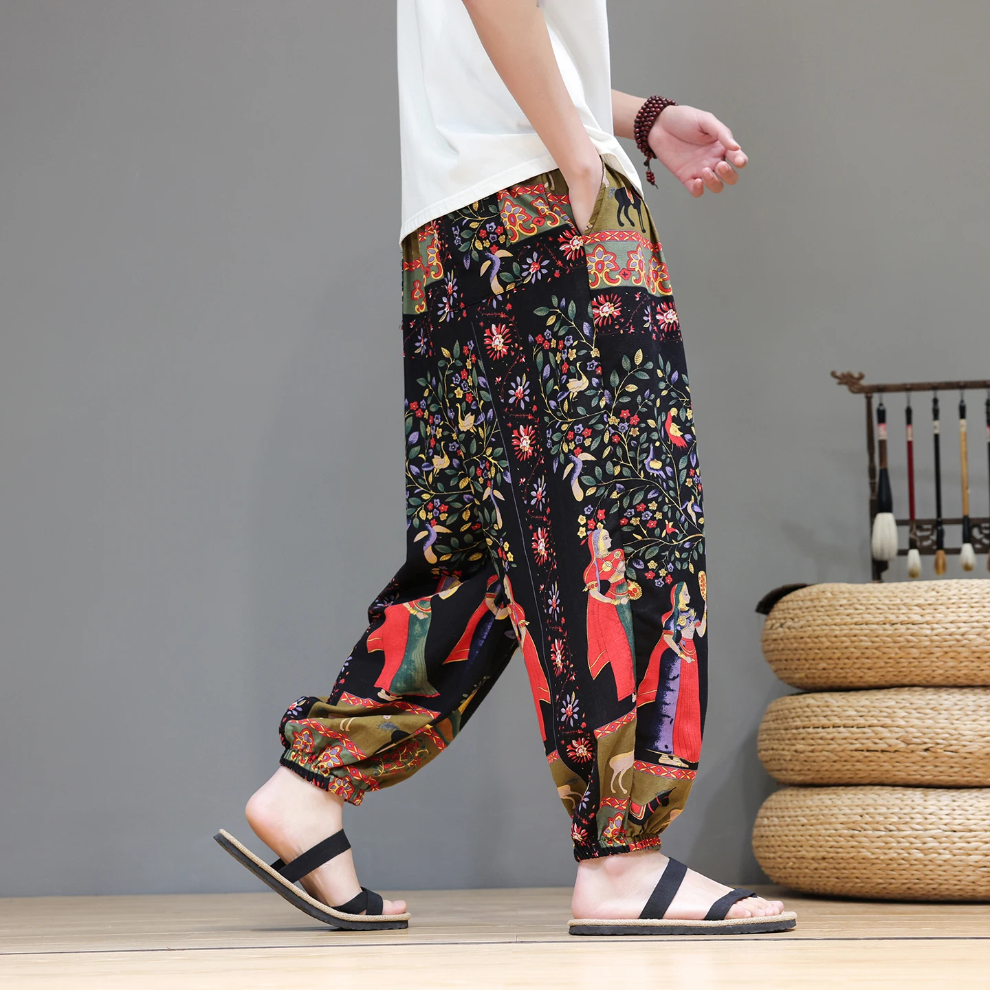Calças Masculinas Estilo Tradicional, Roupas Masculinas Impressas em Algodão e Linho, Calças Harem de Verão, Pantalones Hippies para Homens