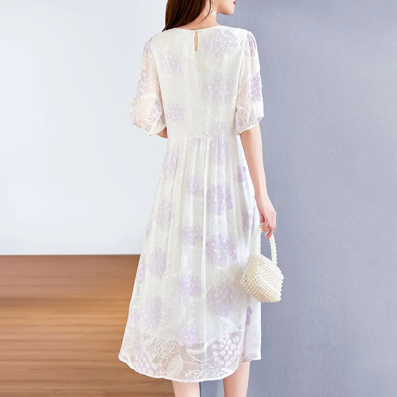 Positioning Embroidery Silk Crinkle Satin Dress 2024 New Summer Simplicity round Neck Light Purple Mid-Length Skir