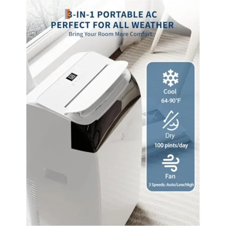 Portable air conditioner for home use, aluminum housing, white, 14000 BTU cooling capacity with 3-in-1 cool/dehumidify/fan mode