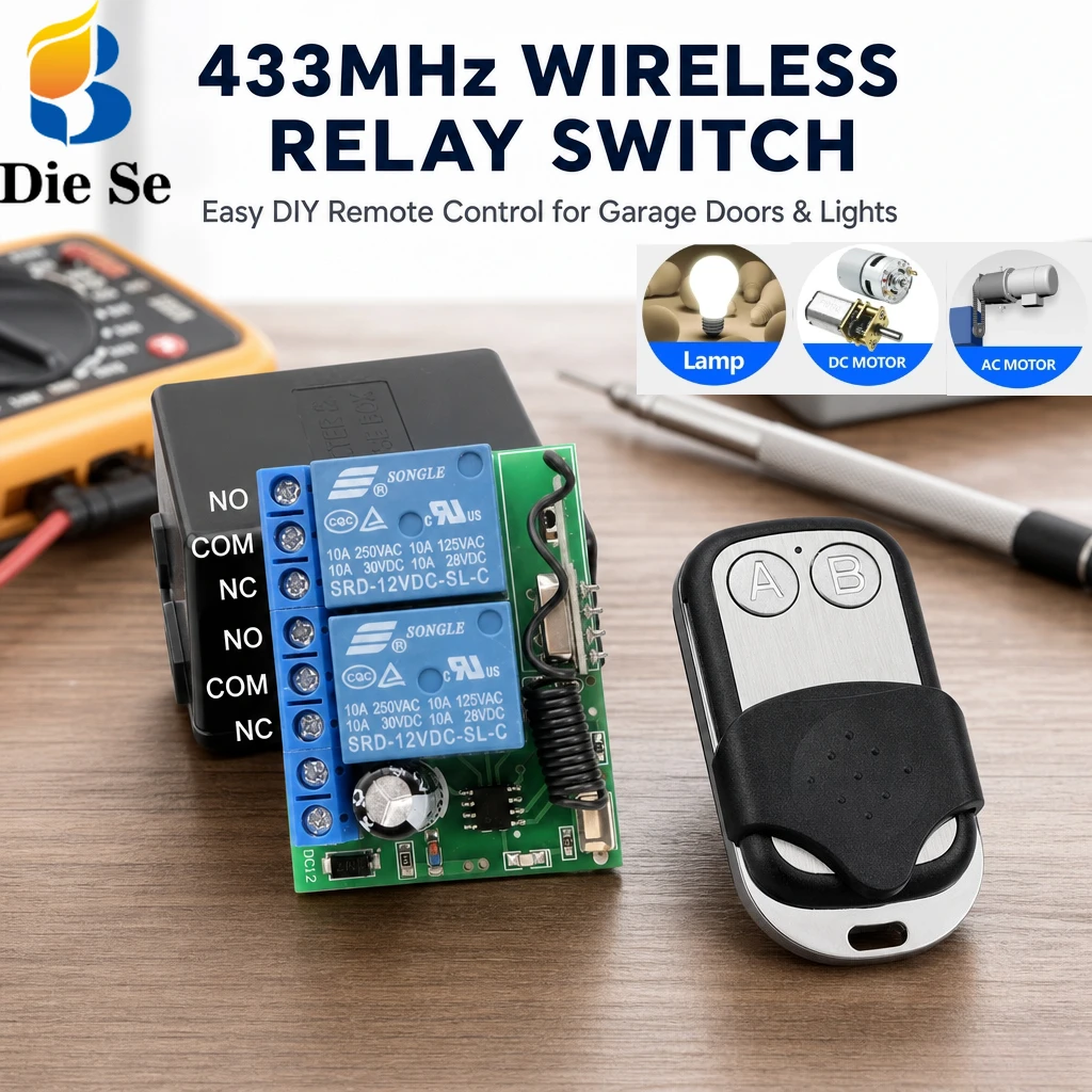 Universal RF433MHz Wireless 2-channel remote control switch DC12V 2200W Relay Receiver for MOTOR Garage Door Opener Controller