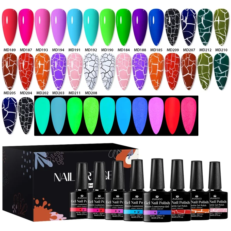

20 шт. флуоресцентный гель и набор гель-лаков для ногтей с кракле, полуперманентный замачиваемый УФ-гель-лак, дизайн для маникюра, принадлежности для ногтей «сделай сам»
