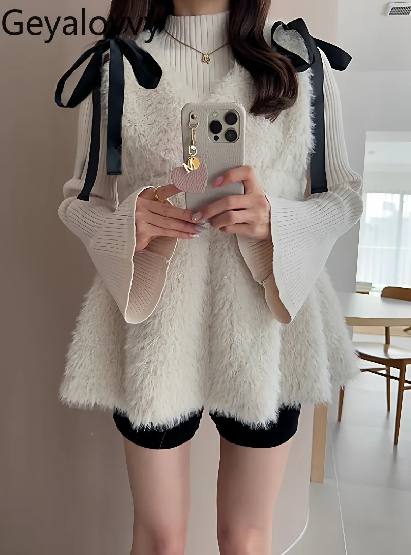 

Новые милые милые девушки в японском стиле с цветными блоками и лентой с бантом, облегающая верхняя одежда, жилет, осенние плюшевые топы без рукавов с v-образным вырезом