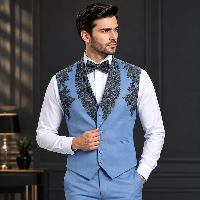 Elegant Banquet Jacket Pants Set Crystal Appliques Shawl Lapel Two Button Slim Fit Prom Wear Custom Party Suits 3 Piece