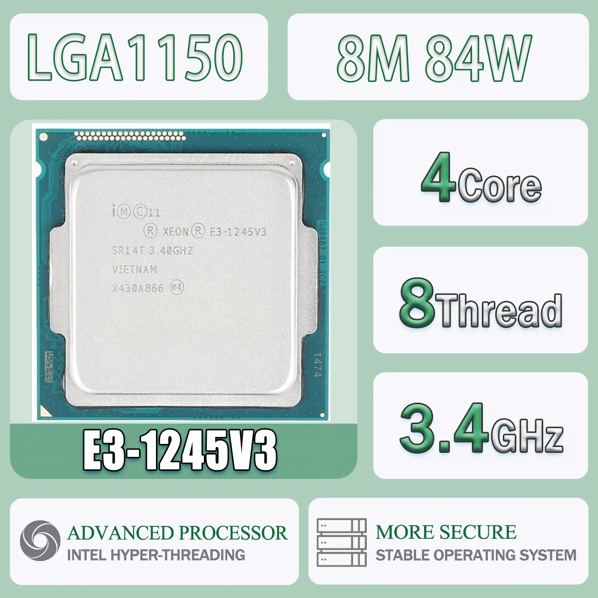 Intel Xeon E3-1245V3 4 núcleos 8 hilos 3,4 GHz 80 W 8 MB de caché 22 nm LGA1150 SR156 DDR3 1333/1600 MHz Haswell HD Graphics P4600