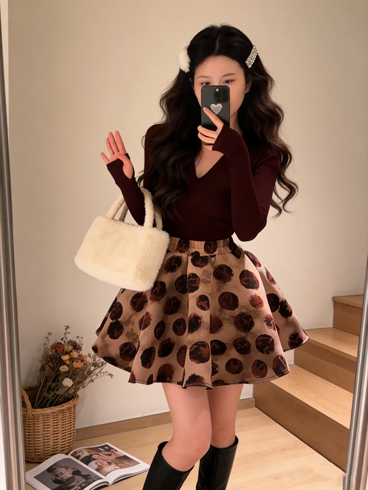 

Christmas New Year Atmosphere V-Neck Slim Fit Red Long Sleeve T-Shirt Skirt Set Women's Spring Fashion Chic High Waist Polka Dot