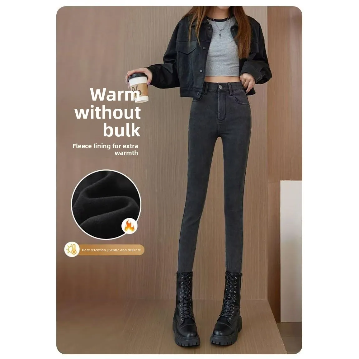 

Мужские зимние повседневные джинсы-карандаш с высокой талией, утепленные флисом, эластичные, облегающие, из смесового хлопка и полиэстера