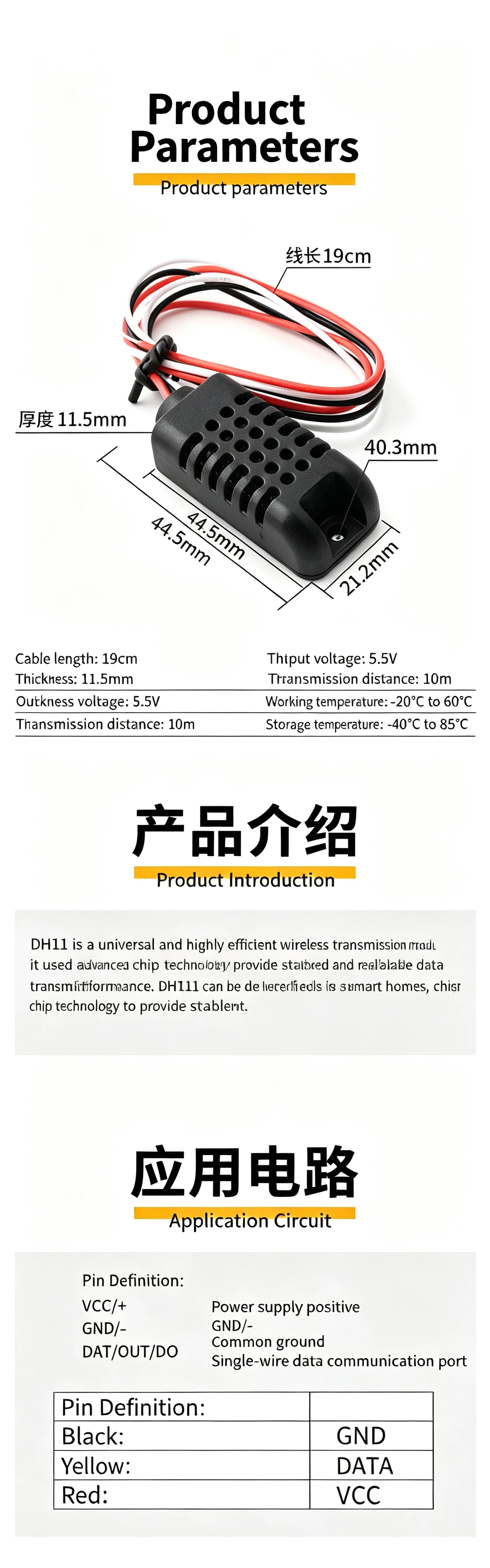 DHT11 Digitales Temperatur- und Feuchtigkeitssensormodul mit Gehäuse, Umgebungstemperatur- und Feuchtigkeitssensor-Sonde – Detail 2