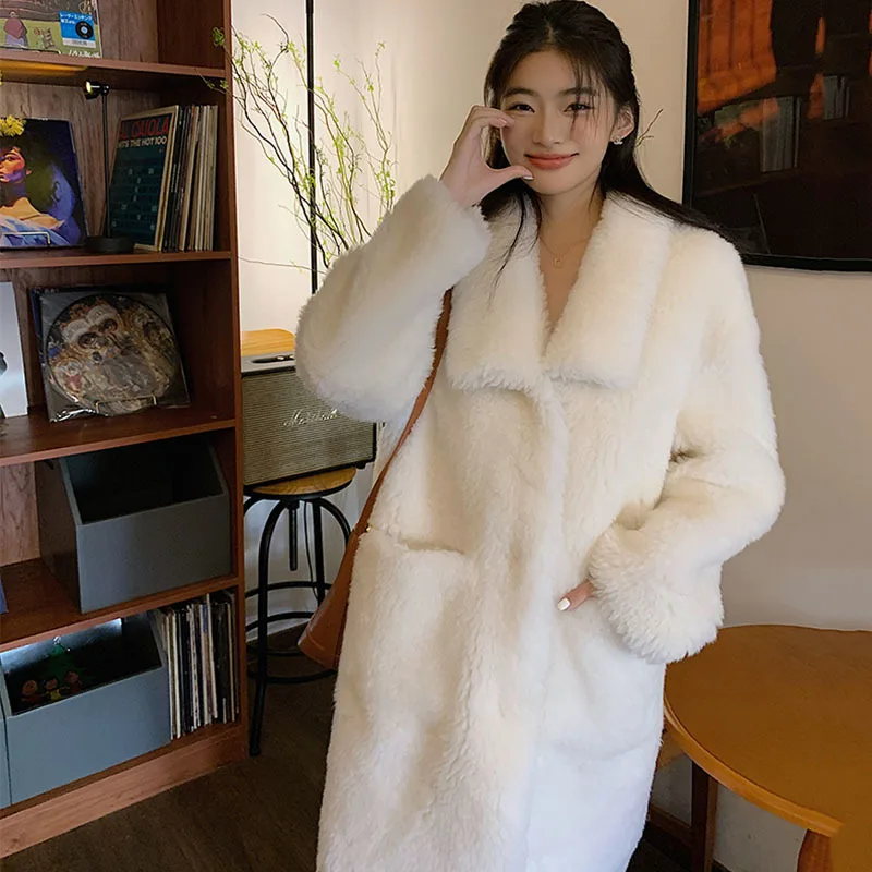 2023 Winter Import Lamb Fur Coat Female Korean Version Casual Warm Medium and Long White Large Pocket Lapel Real Fur Jacket