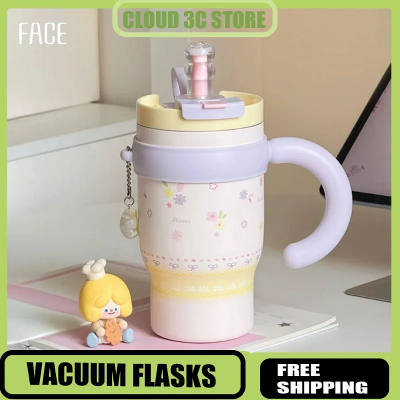 

Face 800ml Large Capacity Thermos Bottle Insulated Straw Cup Ceramic Liner Vacuum Flask Portable Outdoor Camping Drinking Cup