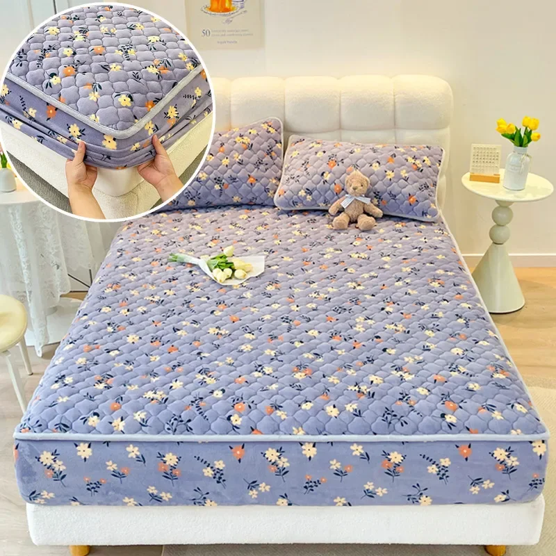 Floral Style Bed Covers Quilted Bedspread Velvet Mattress Protectors 침대커버 Thickened Bedsheet with Elastic Band(No Pillowcase)