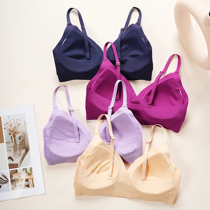 Hot Sale No Wire Smooth One Piece Ice Silk 4 Colors V Neck Brasier Sin Costura Seamless Bra