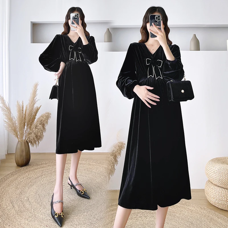 New Winter Soft Lurex Maternity Mother Long Dress Sweet Elegant Ins A Line Clothes for Pregnant Women