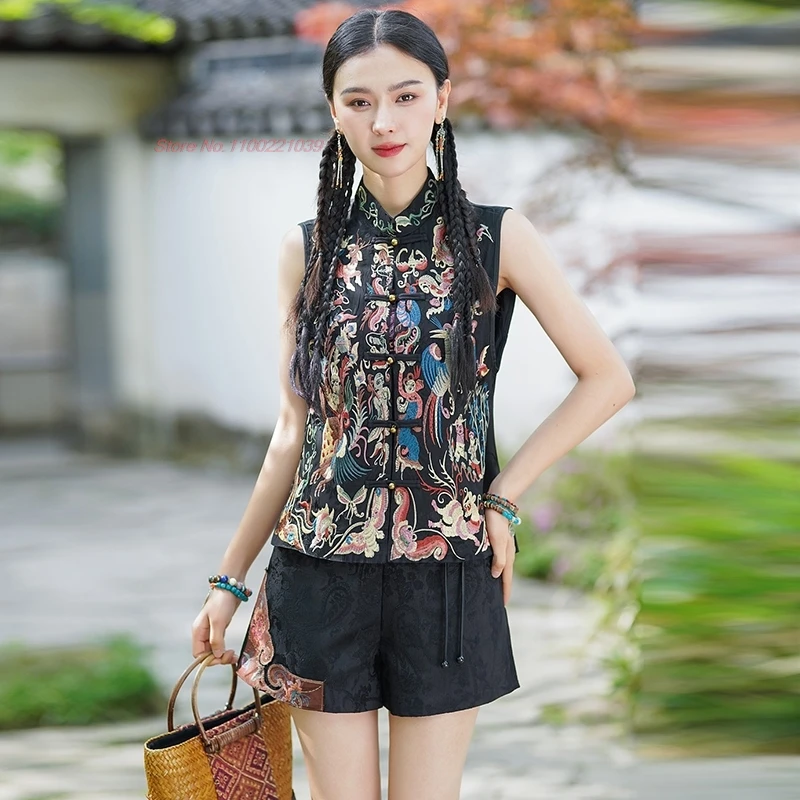 

2025 chinese vintage hanfu tops traditional satin jacquard folk vest national flower embroidery sleeveless jacket waistcoat