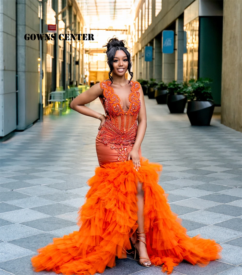 New In Orange Split Ruched Train Prom Dresses Diamond Crystal Black Girl Pageant Birthday Dress Evening Formal Dress Customized