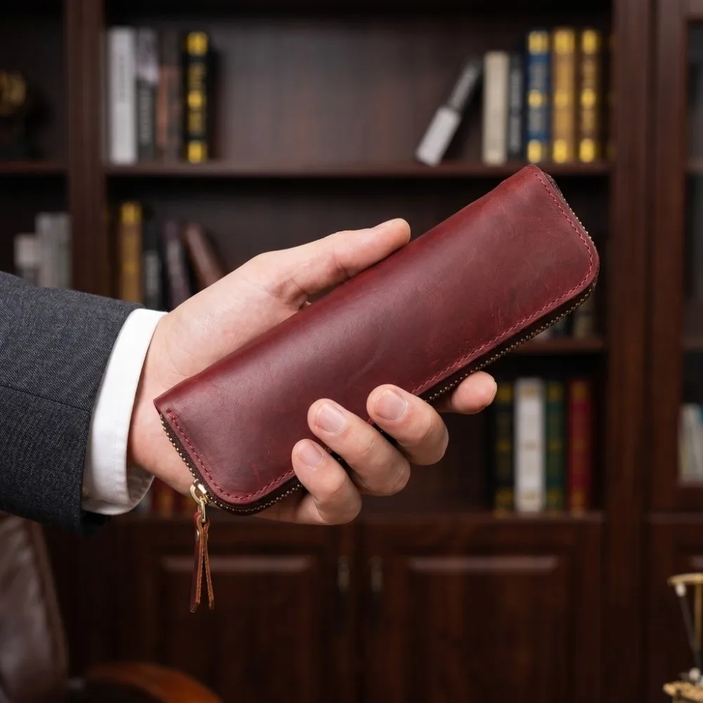 Portable Handmade Pencil Case Zipper Closure Compact Pen Bag Cowhide Retro Pen Protective Sleeve Business