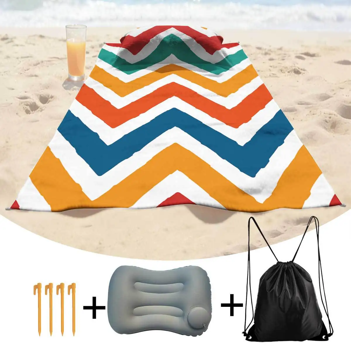 Large Summer Beach Towel Set Microfiber Free Sand Bath Towel Outdoor Swimming Towel with Inflatable Pillow Camping Nails