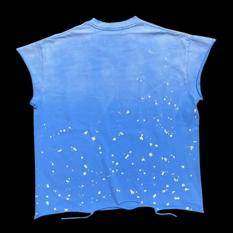 Summer SATOSHI Waistcoat Blue Splash Ink Destruction Sleeveless Tank Top Retro Fading Letter Tshirt Men Women Vest Streetwear