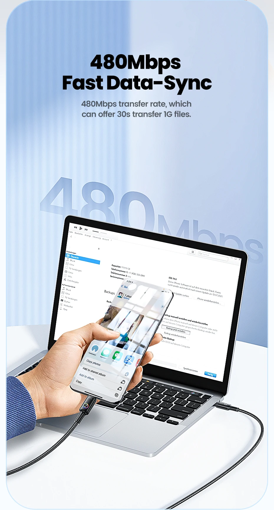 Toocki 3er-Set 100W USB-C Kabel Typ C PD3.0 mit LED-Anzeige für schnelles Laden – für iPhone 17/16, Xiaomi, Huawei, MacBook – 5A Typ-C Datenkabel – Detail 6