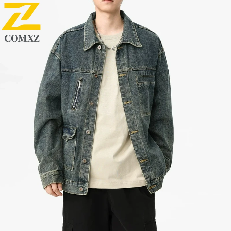 

COMXZ Retro Mud Dye Denim Jacket Men Autumn Streetwear Trendy Handsome Men Jackets Premium Plus Size Distressed Wash Garment