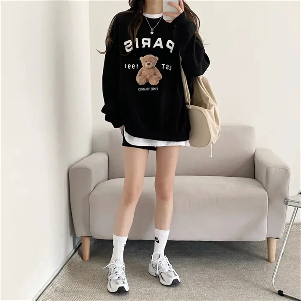 Women Sports Fashion Casual Hooded Bear Printing Hoodies Warm O-neck Sweatshirt Fleece Hoody Novelty Tide Clothes Spring